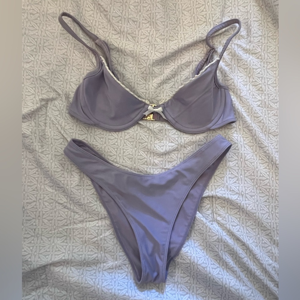 small purple bikini set w/ white detailing